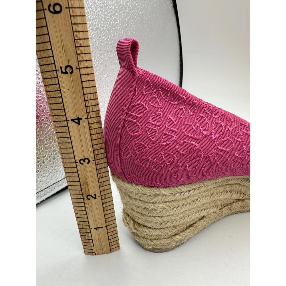 Liz Claiborne Kellie Wedge Espadrilles Women 8.5 Pink Good Floral Eyelet Jute